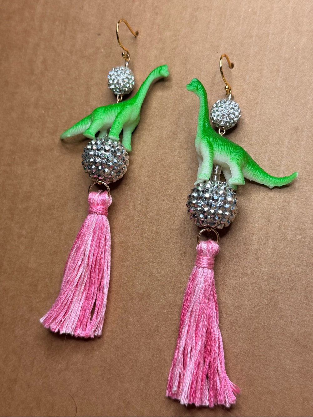 Playful Disco Brontosaurus Dinosaur Tassel Earrings with Pink Fringe - Picture 3 of 4
